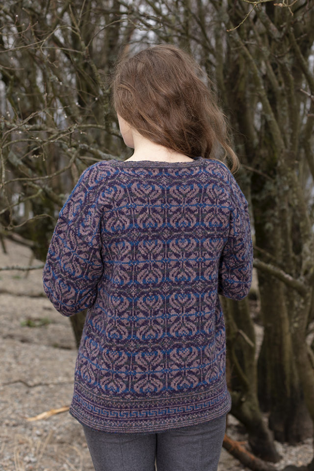 Amphora hand knitwear design in blue colourway from the book A Collector's Item by Jade Starmore