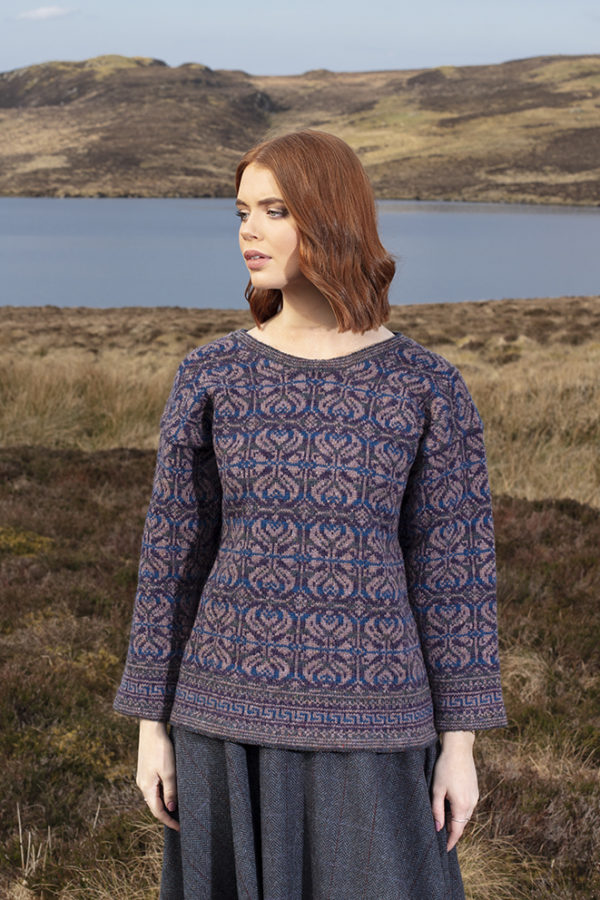 Amphora hand knitwear design in blue colourway from the book A Collector's Item by Jade Starmore