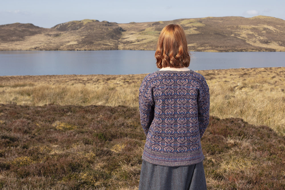 Amphora hand knitwear design in blue colourway from the book A Collector's Item by Jade Starmore