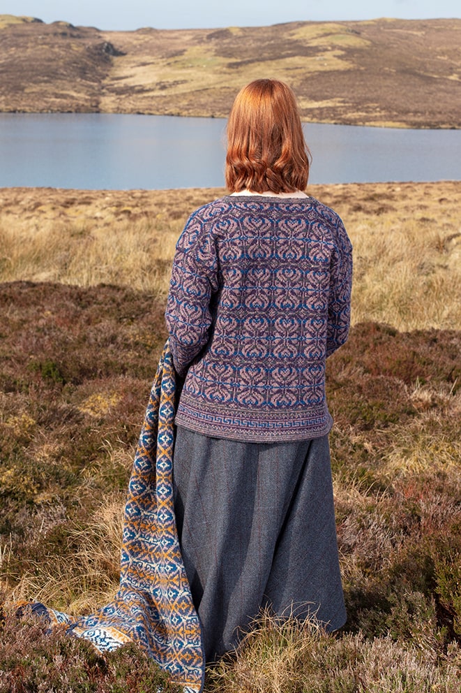 Arabesque hand knitwear design in Winter colourway and Amphora pullover by Jade Starmore from the book A Collector's Item