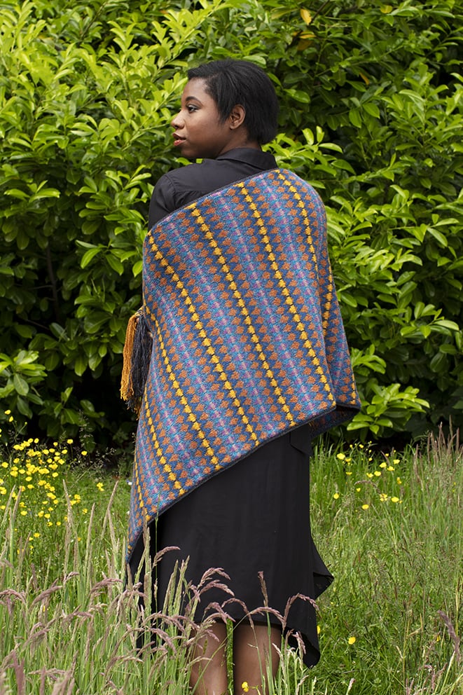 Gypsy Moth Wrap hand knitwear design in blue colourway from the book A Collector's Item by Jade Starmore