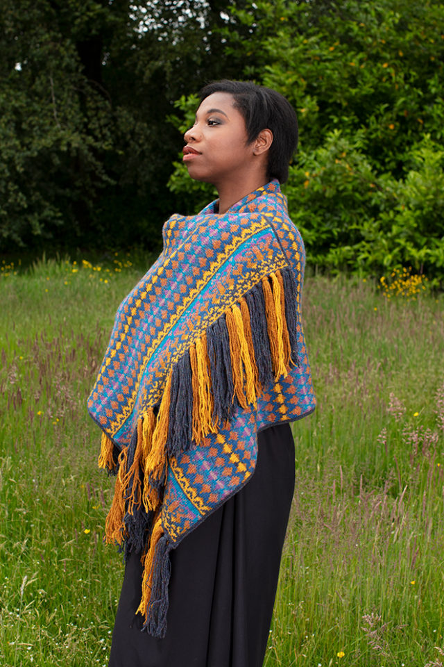 Gypsy Moth Wrap hand knitwear design in blue colourway from the book A Collector's Item by Jade Starmore