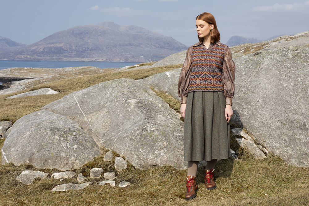 Suzani Vest hand knitwear design in bronze colourway from the book A Collector's Item by Jade Starmore
