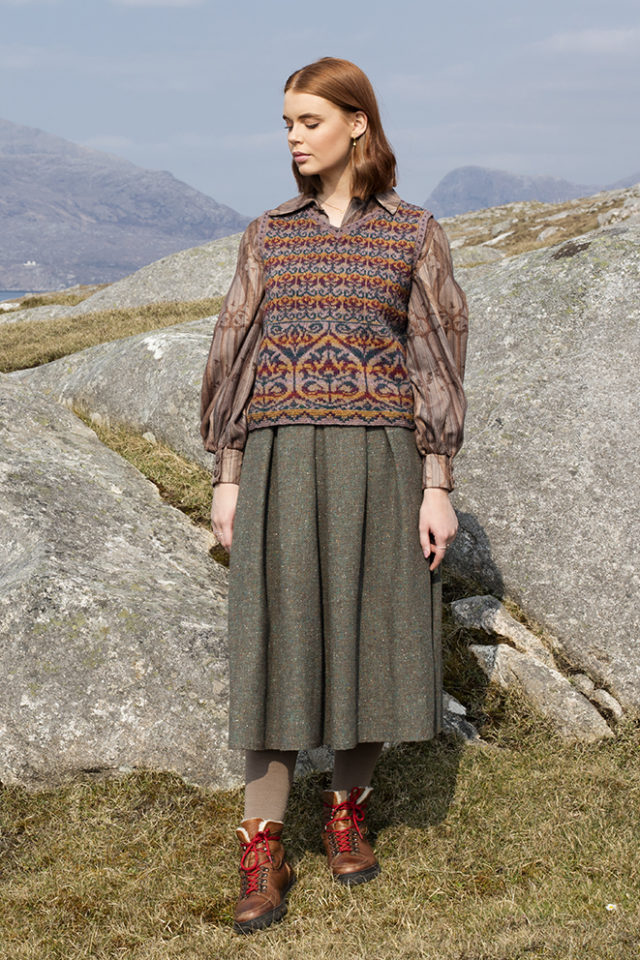 Suzani Vest hand knitwear design in bronze colourway from the book A Collector's Item by Jade Starmore