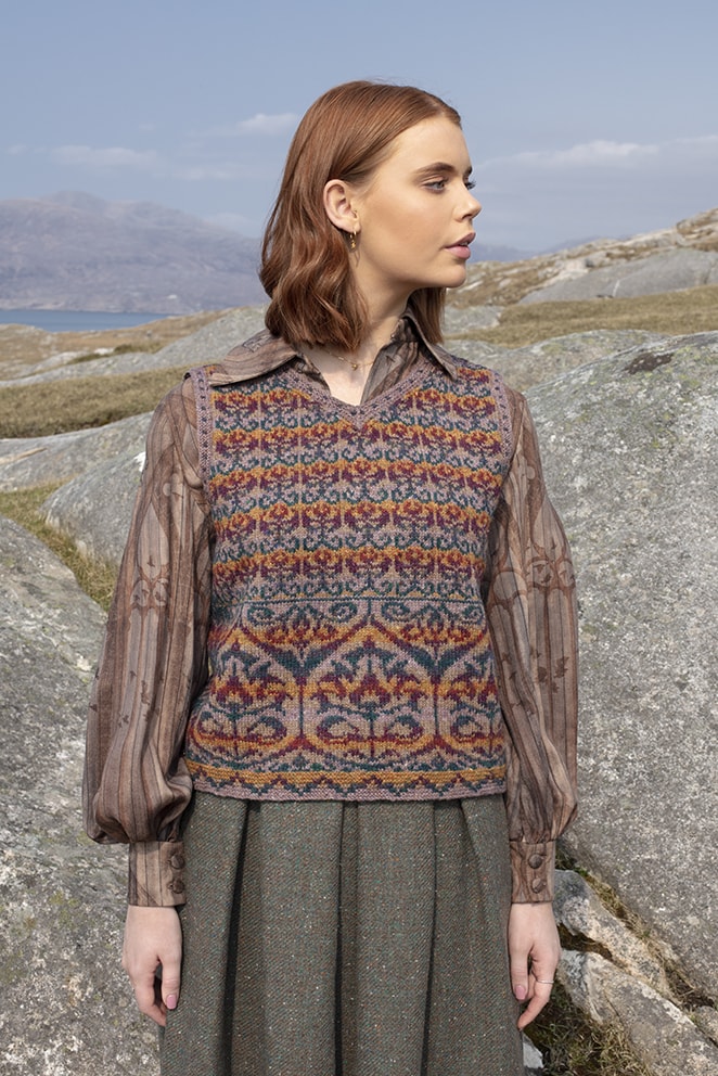 Suzani Vest hand knitwear design in bronze colourway from the book A Collector's Item by Jade Starmore