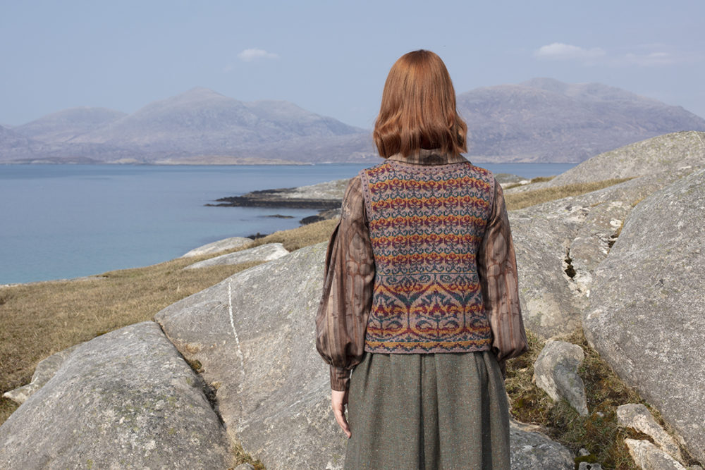 Suzani Vest hand knitwear design in bronze colourway from the book A Collector's Item by Jade Starmore