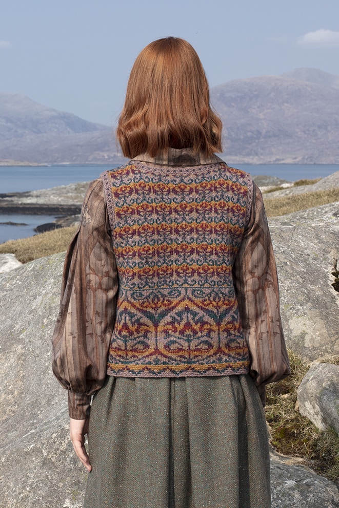 Suzani Vest hand knitwear design in bronze colourway from the book A Collector's Item by Jade Starmore