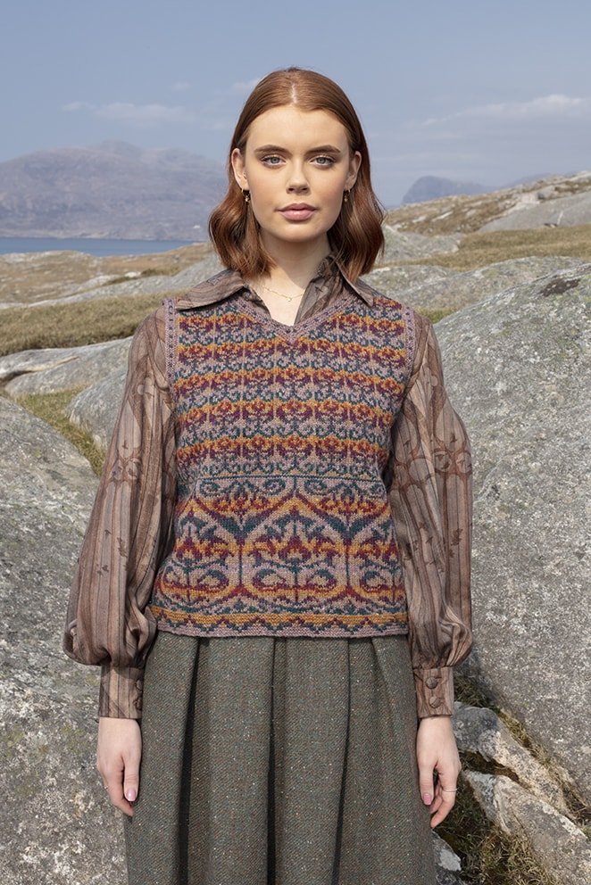 Suzani Vest hand knitwear design in bronze colourway from the book A Collector's Item by Jade Starmore