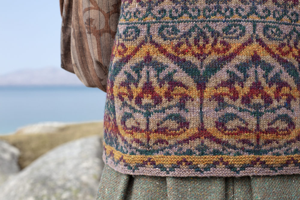 Suzani Vest hand knitwear design in bronze colourway from the book A Collector's Item by Jade Starmore
