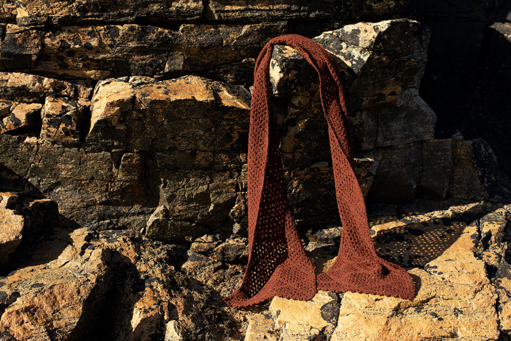 Driftnet Scarf patterncard knitwear design by Alice Starmore in pure wool Hebridean 2 Ply hand knitting yarn