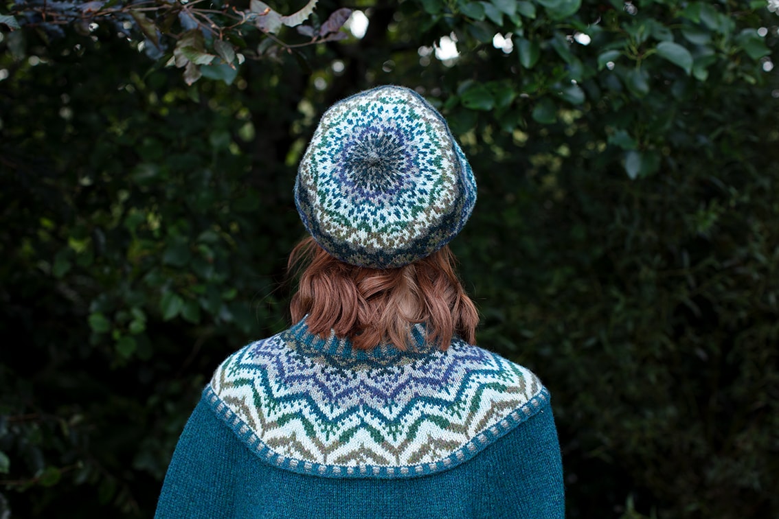 Mervielle Du Jour patterncard knitwear design by Alice Starmore in pure wool Hebridean 2 Ply hand knitting yarn