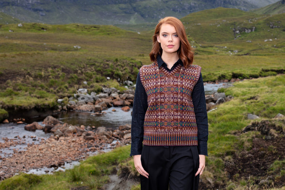 Thoroughbred Vest and Oregon Autumn Hat Set patterncard knitwear designs by Alice Starmore in pure wool Hebridean 2 Ply hand knitting yarn