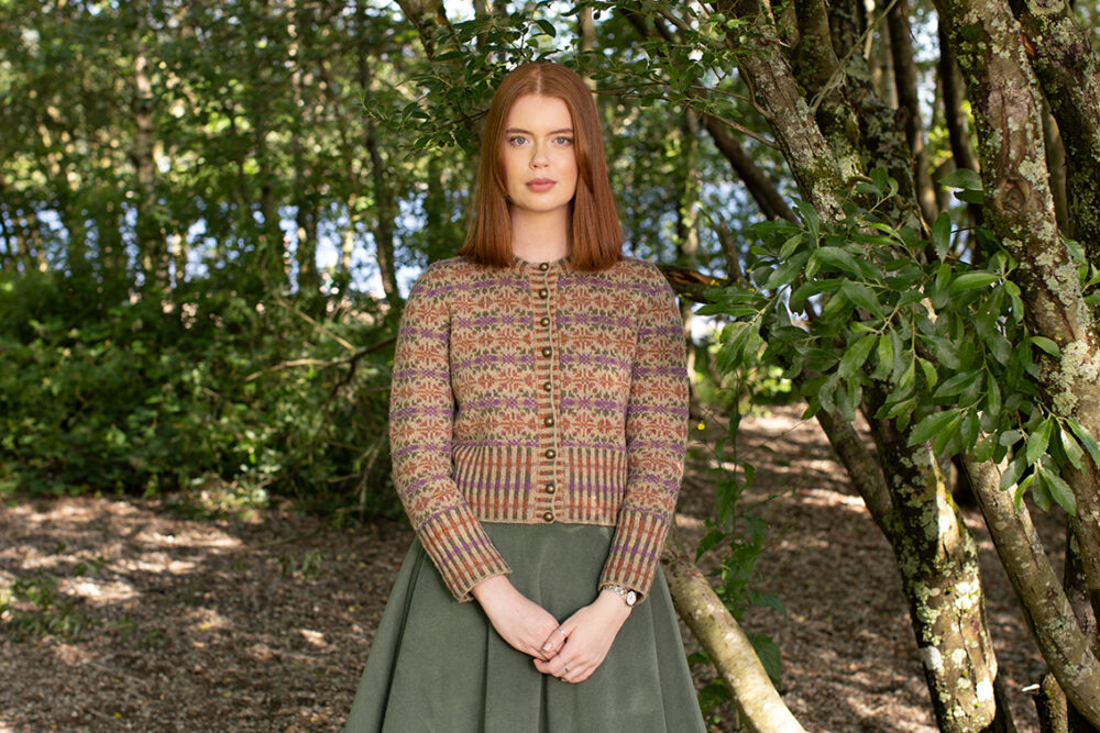 Meadowsweet patterncard kit design by Alice Starmore in Hebridean 2 Ply yarn