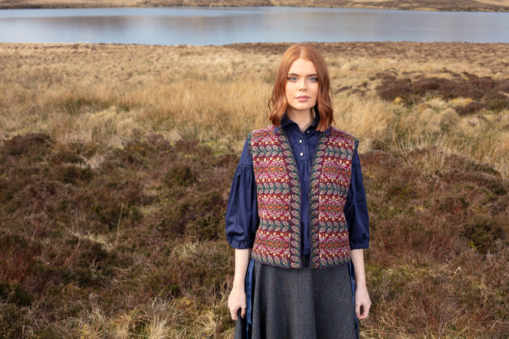 Flora Waistcoat patterncard knitwear design by Alice Starmore in pure wool Hebridean 2 Ply hand knitting yarn