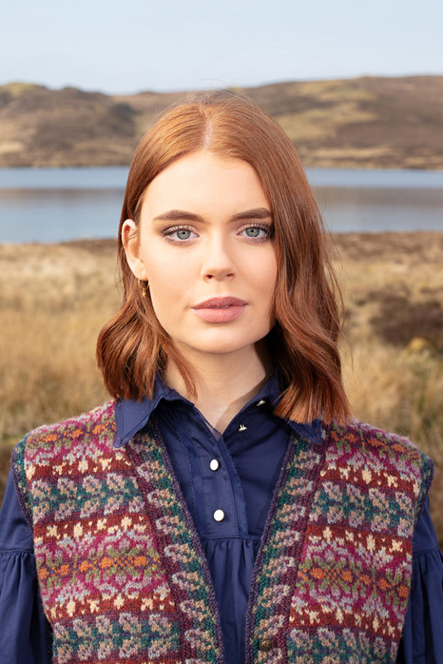 Flora Waistcoat patterncard knitwear design by Alice Starmore in pure wool Hebridean 2 Ply hand knitting yarn