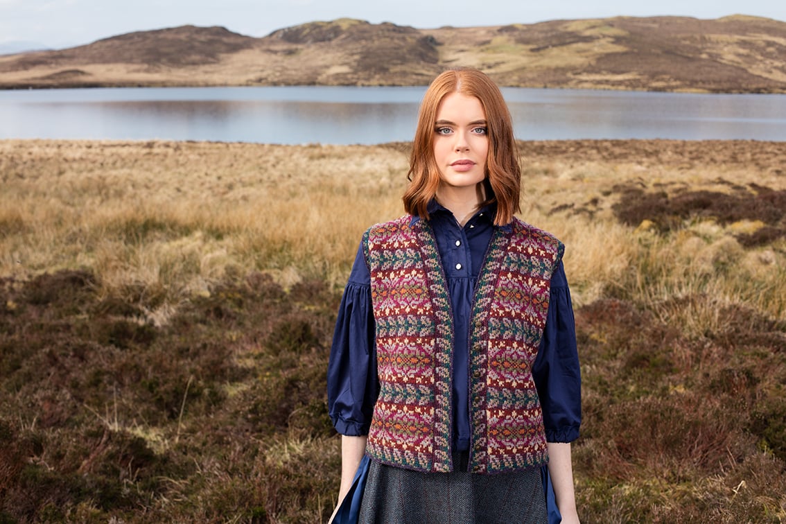 Flora Waistcoat patterncard knitwear design by Alice Starmore in pure wool Hebridean 2 Ply hand knitting yarn