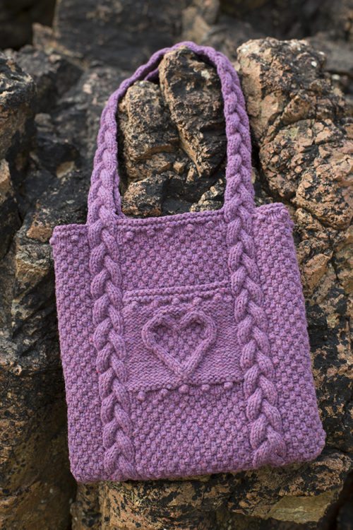 Heart Bag patterncard kit by Alice Starmore in Wild Orchid Hebridean 3 Ply pure British wool hand knitting yarn