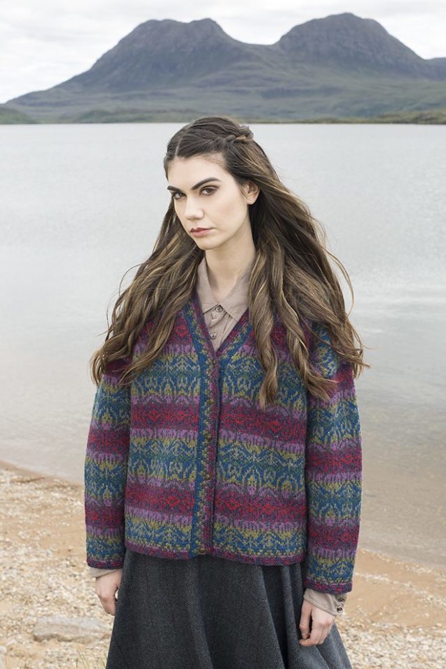 Lalelli cardigan design patterncard kit by Jade Starmore in Hebridean 2 Ply pure British wool hand knitting yarn