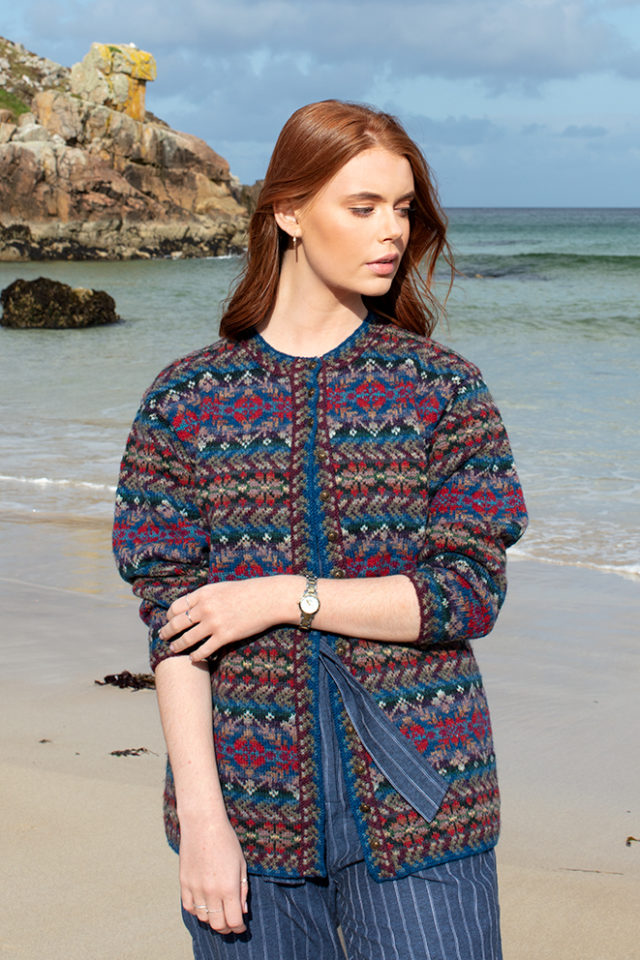 Marina cardigan patterncard knitwear design by Alice Starmore in pure wool Hebridean 2 Ply hand knitting yarn
