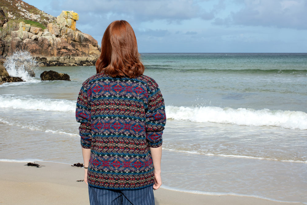 Marina cardigan patterncard knitwear design by Alice Starmore in pure wool Hebridean 2 Ply hand knitting yarn