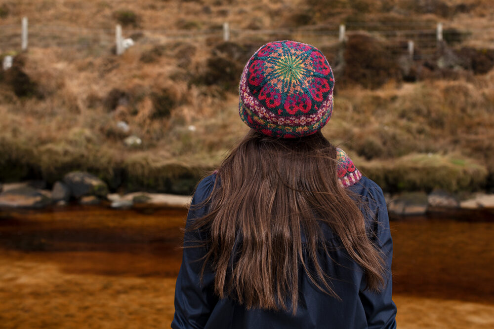 Maud Hat Set patterncard kit design by Alice Starmore in Hebridean 2 Ply yarn