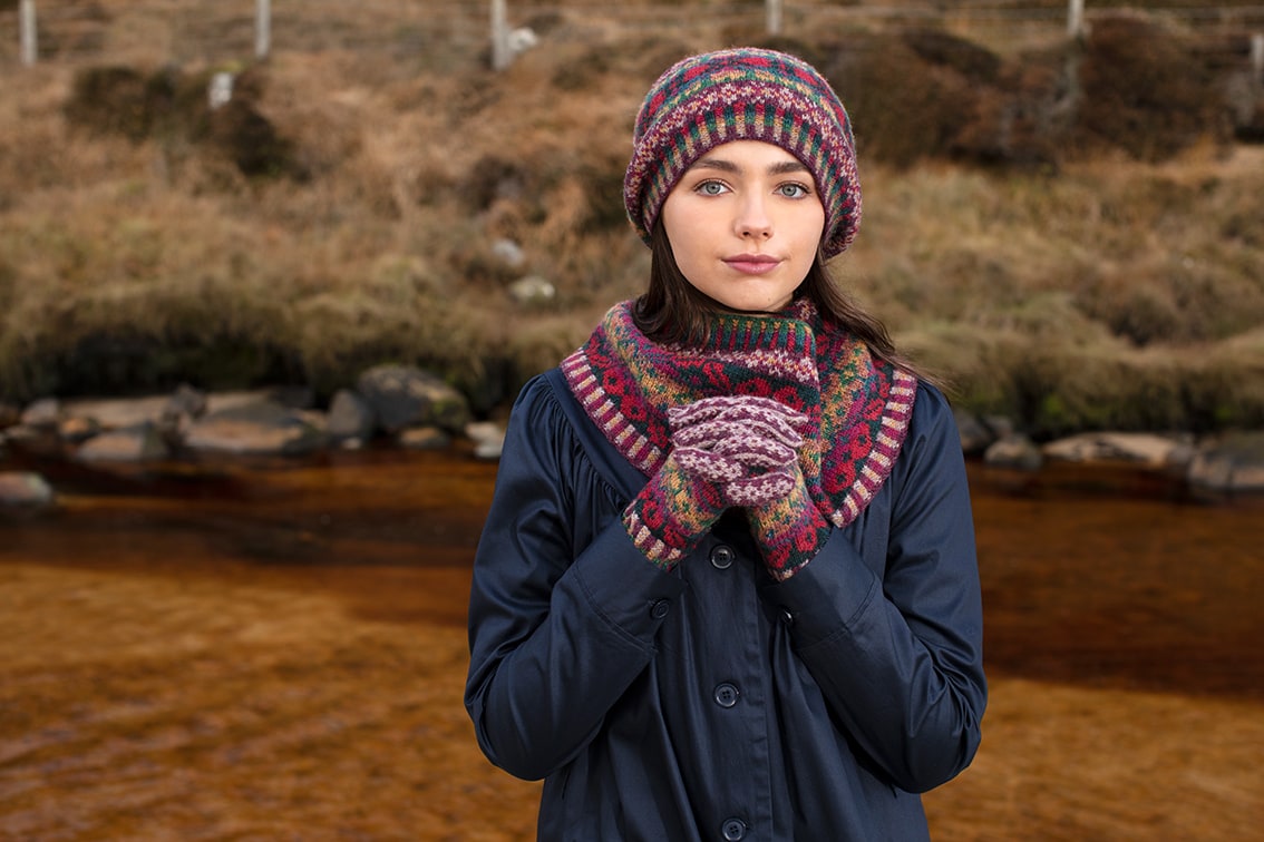 Maud Hat Set patterncard kit design by Alice Starmore in Hebridean 2 Ply yarn