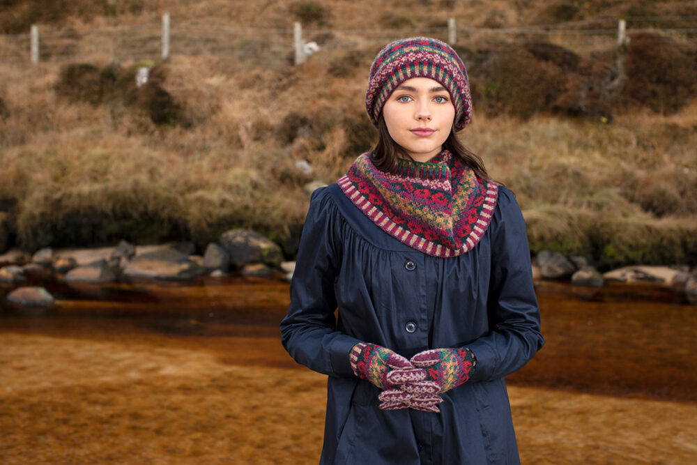 Maud Hat Set patterncard kit design by Alice Starmore in Hebridean 2 Ply yarn