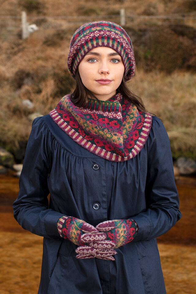 Maud Hat Set patterncard kit design by Alice Starmore in Hebridean 2 Ply yarn