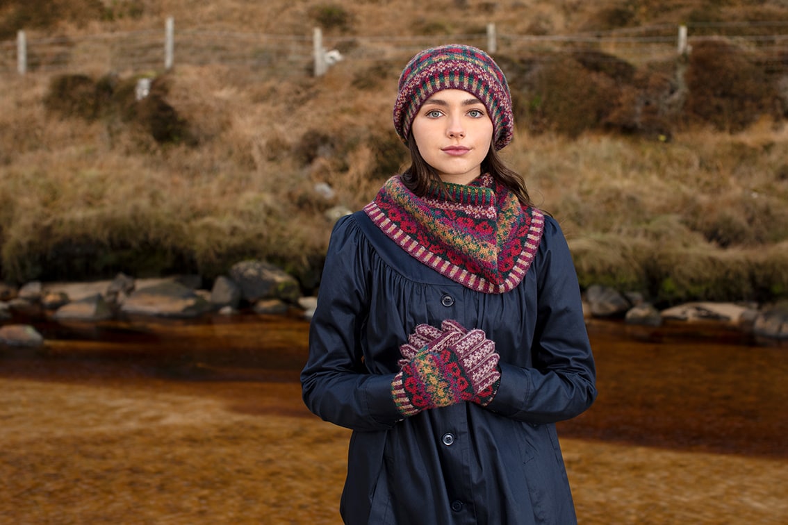 Maud Hat Set patterncard kit design by Alice Starmore in Hebridean 2 Ply yarn