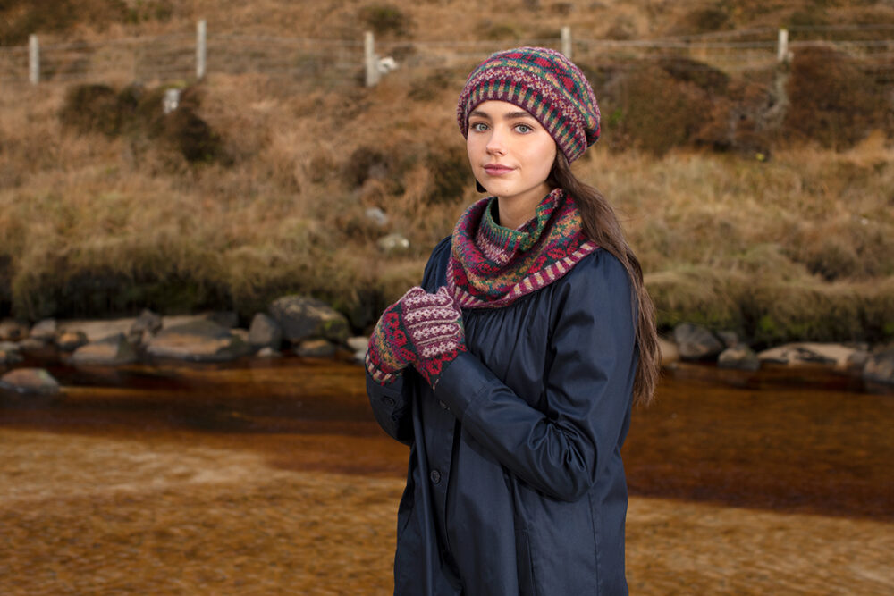 Maud Hat Set patterncard kit design by Alice Starmore in Hebridean 2 Ply yarn