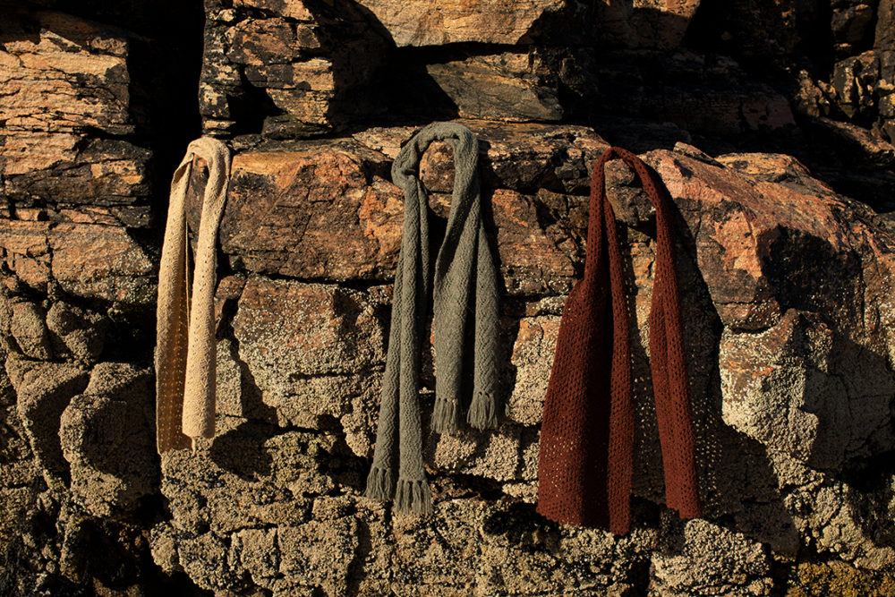 Shoreline Scarves patterncard knitwear designs by Alice Starmore in pure wool Hebridean 2 Ply hand knitting yarn
