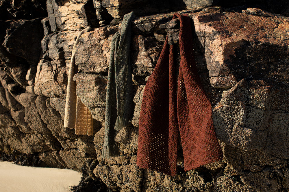 Shoreline Scarves patterncard knitwear designs by Alice Starmore in pure wool Hebridean 2 Ply hand knitting yarn