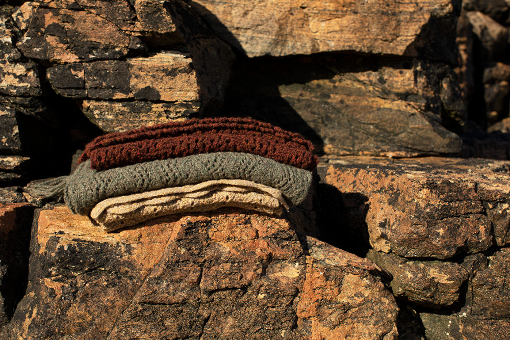 Shoreline Scarves patterncard knitwear designs by Alice Starmore in pure wool Hebridean 2 Ply hand knitting yarn