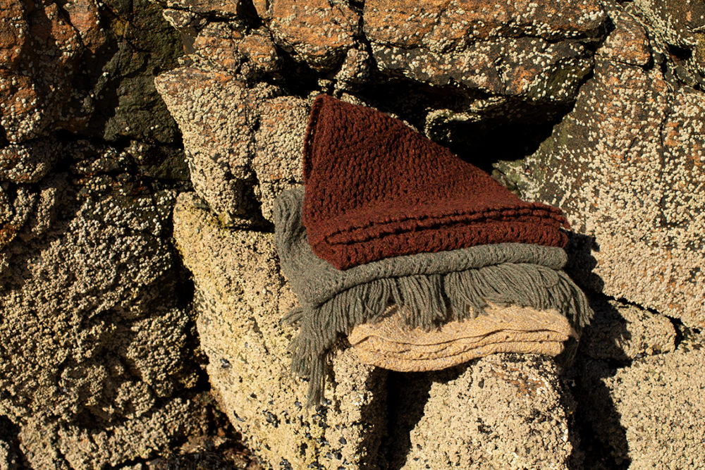Shoreline Scarves patterncard knitwear designs by Alice Starmore in pure wool Hebridean 2 Ply hand knitting yarn