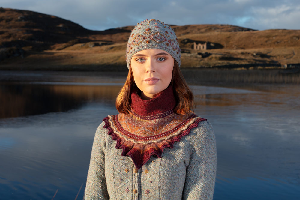Mountain Hare Hat and Herald Set knitwear designs by Alice Starmore in pure wool Hebridean 2 Ply hand knitting yarn
