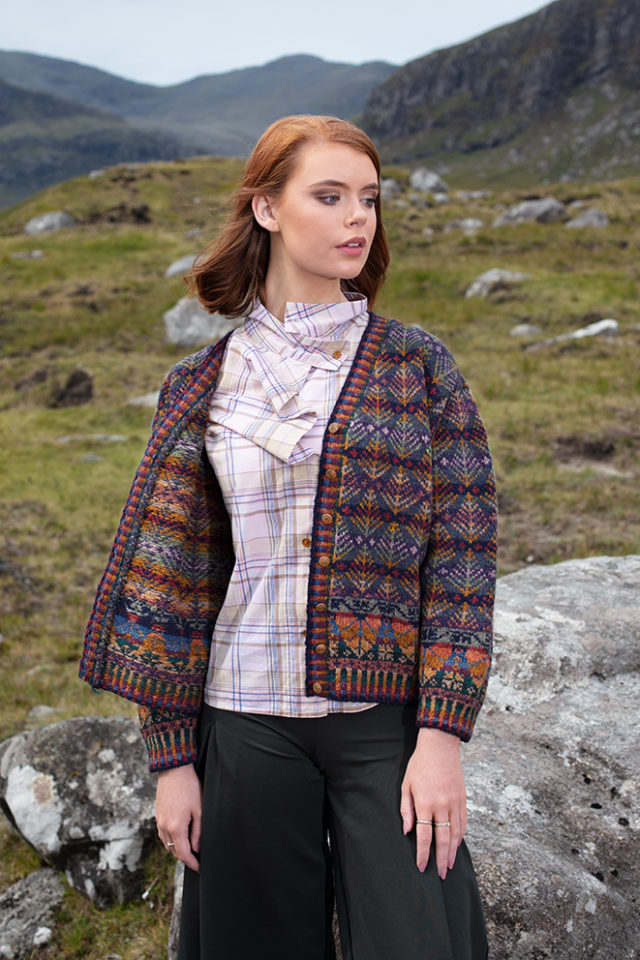 Oregon Autumn Cardigan patterncard knitwear design by Alice Starmore in pure wool Hebridean 2 Ply hand knitting yarn