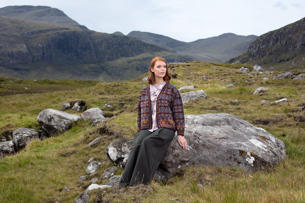 Oregon Autumn Cardigan patterncard knitwear design by Alice Starmore in pure wool Hebridean 2 Ply hand knitting yarn