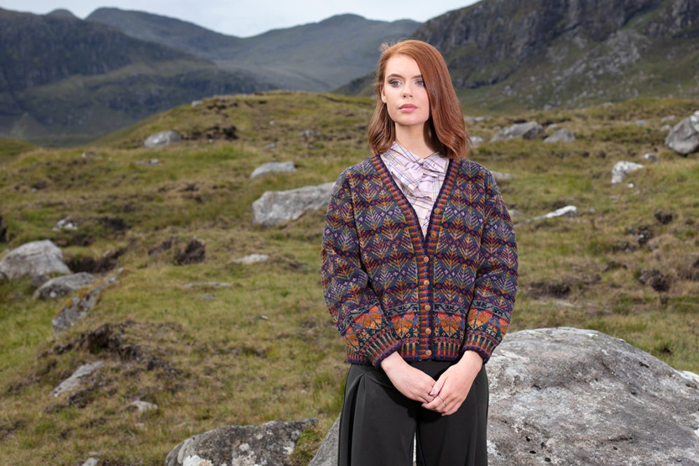 Oregon Autumn Cardigan patterncard knitwear design by Alice Starmore in pure wool Hebridean 2 Ply hand knitting yarn