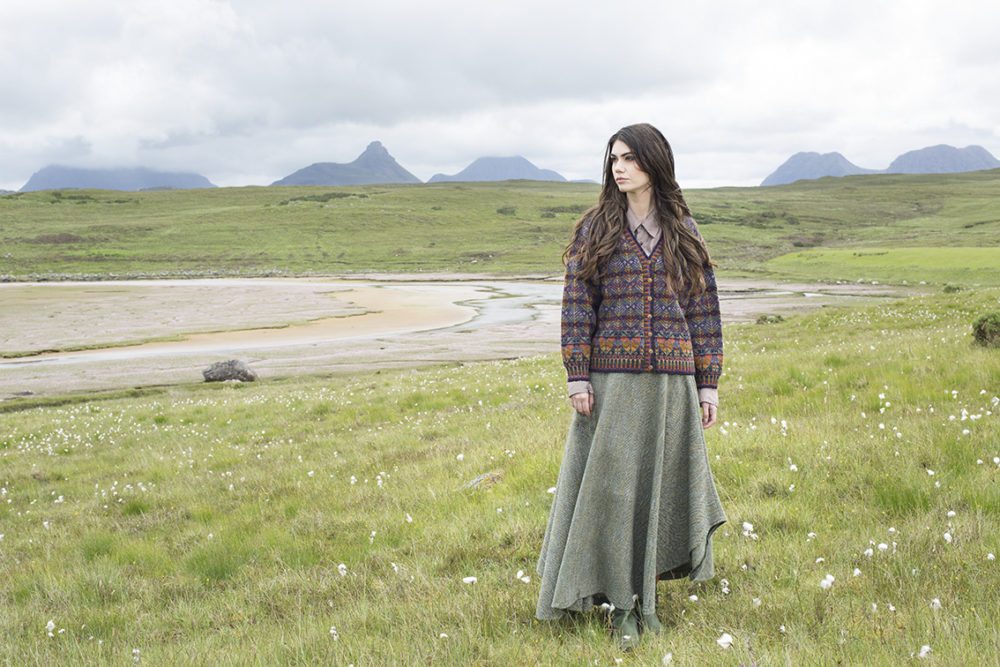 Oregon cardigan design patterncard kit by Alice Starmore in Hebridean 2 Ply pure British wool hand knitting yarn