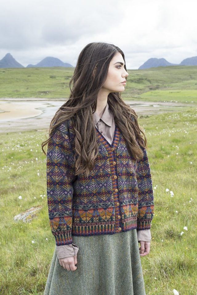 Oregon cardigan design patterncard kit by Alice Starmore in Hebridean 2 Ply pure British wool hand knitting yarn
