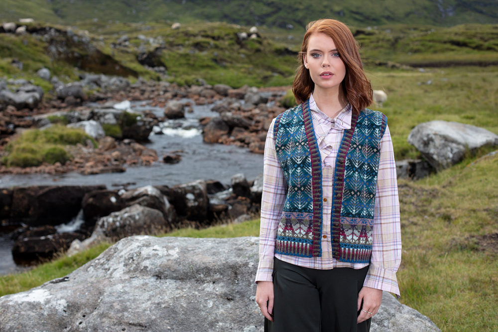 Oregon Spring Waistcoat patterncard knitwear design by Alice Starmore in pure wool Hebridean 2 Ply hand knitting yarn