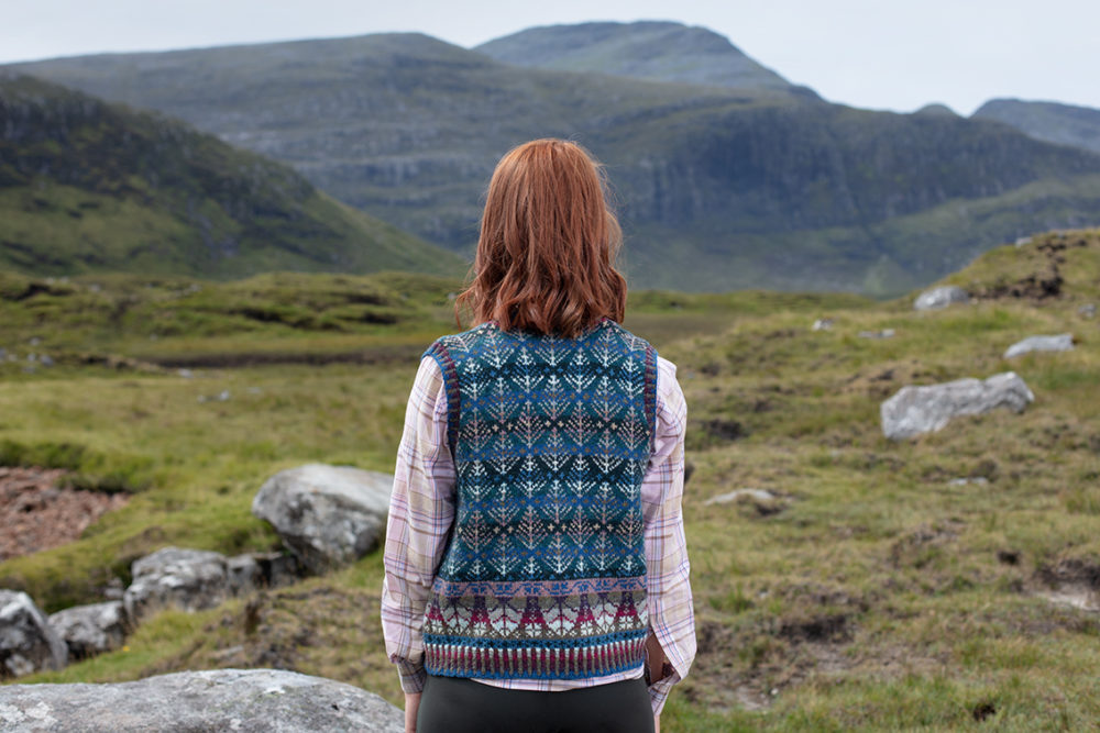 Oregon Spring Waistcoat patterncard knitwear design by Alice Starmore in pure wool Hebridean 2 Ply hand knitting yarn