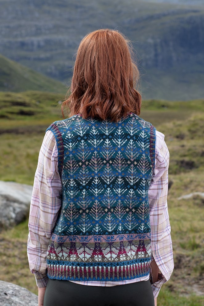Oregon Spring Waistcoat patterncard knitwear design by Alice Starmore in pure wool Hebridean 2 Ply hand knitting yarn