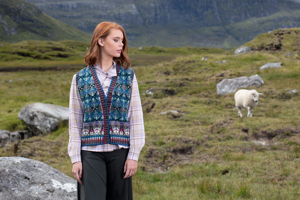 Oregon Spring Waistcoat patterncard knitwear design by Alice Starmore in pure wool Hebridean 2 Ply hand knitting yarn