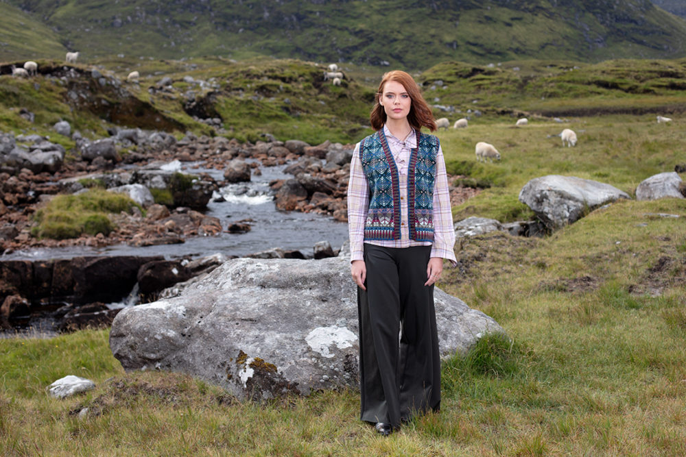 Oregon Spring Waistcoat patterncard knitwear design by Alice Starmore in pure wool Hebridean 2 Ply hand knitting yarn