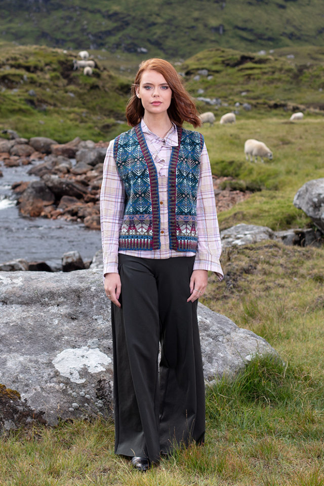 Oregon Spring Waistcoat patterncard knitwear design by Alice Starmore in pure wool Hebridean 2 Ply hand knitting yarn