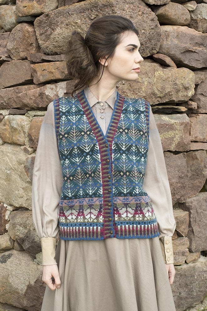 Oregon waistcoat design patterncard kit by Alice Starmore in Hebridean 2 Ply pure British wool hand knitting yarn
