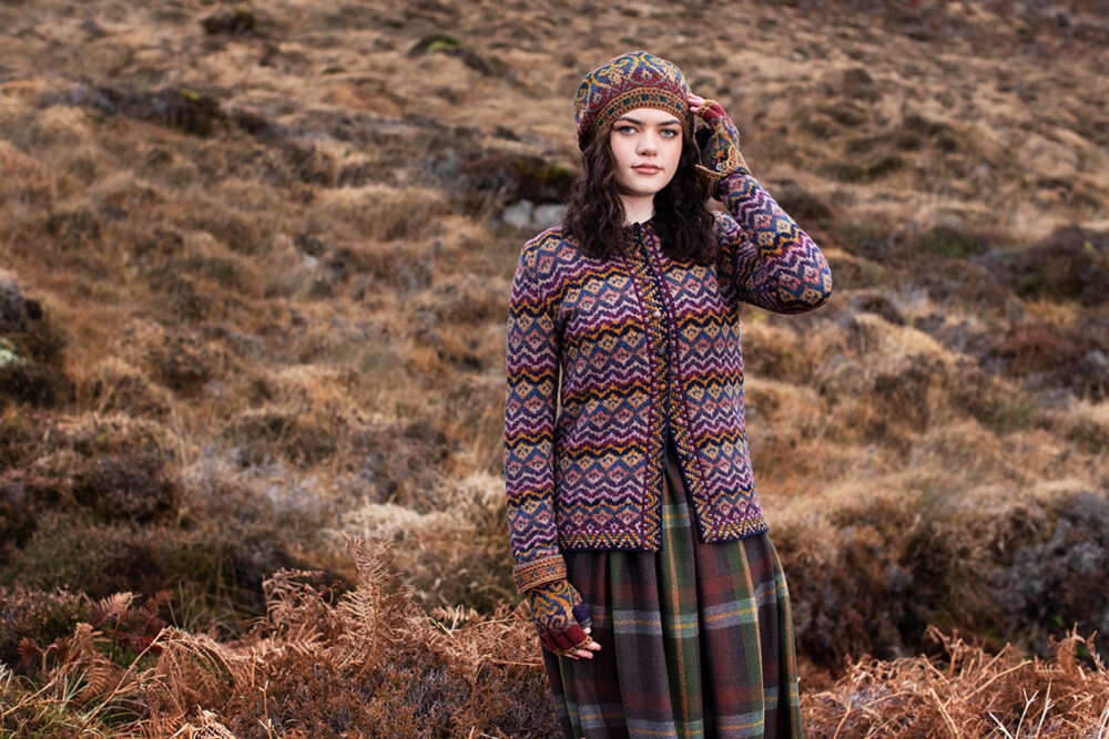 Painted Lady cardigan patterncard kit design by Jade Starmore and Henry VIII Hat Set by Alice Starmore in Hebridean 2 Ply yarn