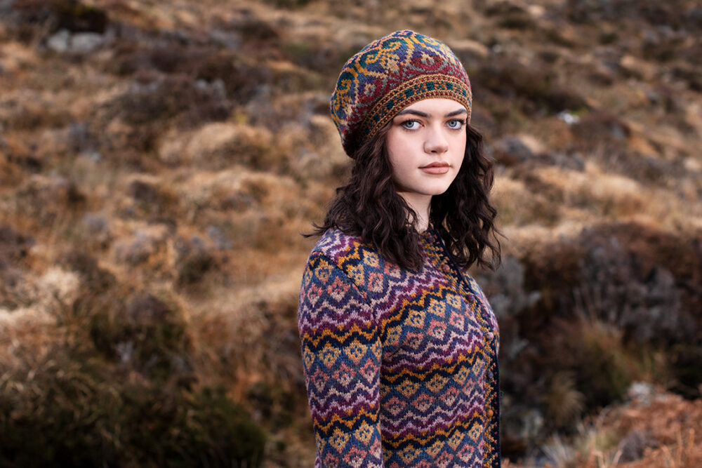 Painted Lady cardigan patterncard kit design by Jade Starmore and Henry VIII Hat Set by Alice Starmore in Hebridean 2 Ply yarn
