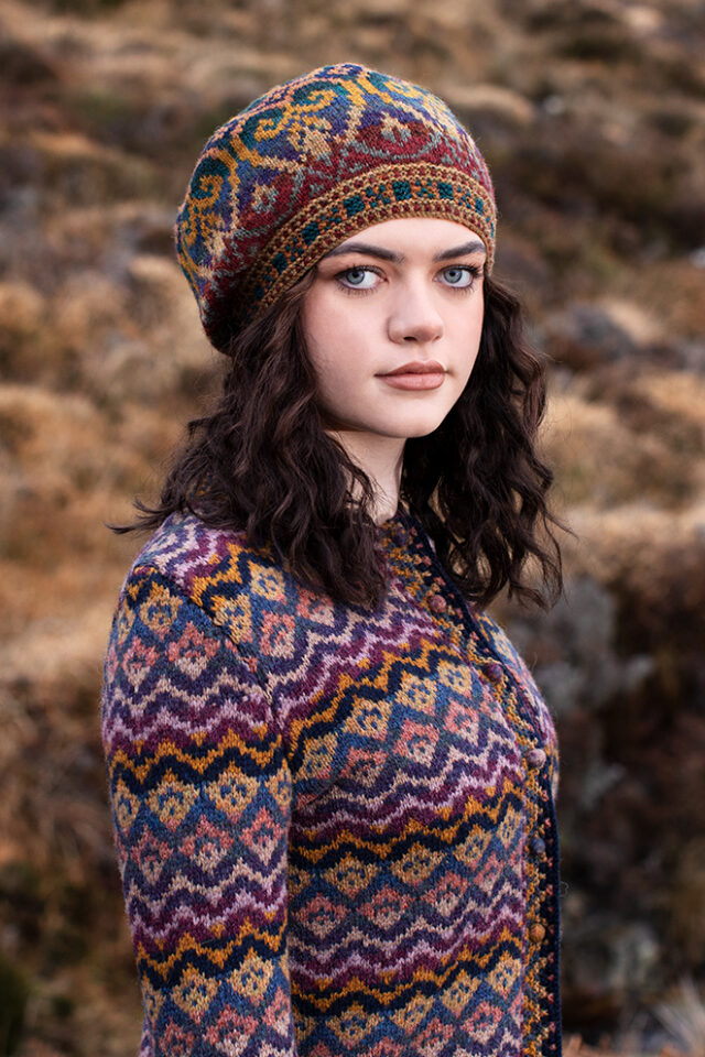 Painted Lady cardigan patterncard kit design by Jade Starmore and Henry VIII Hat Set by Alice Starmore in Hebridean 2 Ply yarn